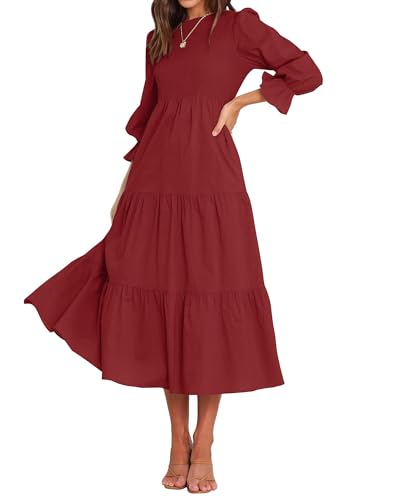 BTFBM Damen Casual Langarm Rundhals Herbst Kleid Bohemian Relaxed Fit Floral Flowy Maxikleider Gestuftes Cocktailkleid, reines rot, X-Groß von BTFBM