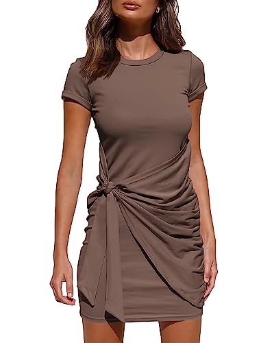 BTFBM Damen Casual Rundhals Kurzarm Solid Plain Ruched Bodycon T-Shirt Sonne Strand Kleid Sommer Kurz Minikleider - Braun - Mittel von BTFBM