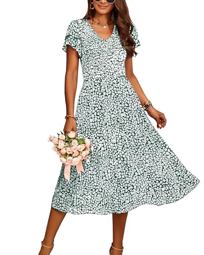 BTFBM Damen Casual Sommer Kurze Rüschen Stufenärmel Smocked Midi Kleider Bohemian Floral V Ausschnitt Hochzeit Gäste Lange Kleider, Dunkelgrün, Mittel von BTFBM