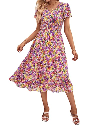 BTFBM Damen Casual Sommer Kurze Rüschen Stufenärmel Smocked Midi Kleider Bohemian Floral V Ausschnitt Hochzeit Gäste Lange Kleider, Florales Weiß, Lila, XX-Large von BTFBM