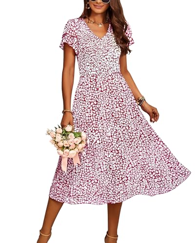 BTFBM Damen Casual Sommer Kurze Rüschen Stufenärmel Smocked Midi Kleider Bohemian Floral V Ausschnitt Hochzeit Gäste Lange Kleider, Weinrot, Groß von BTFBM