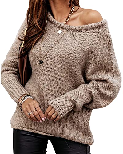 BTFBM Lässiger Langarm-Pullover für Damen, Rundhalsausschnitt, einfarbig, weich, gerippt, gestrickt, übergroßer Pullover, lockere Passform, Massives Khaki, Klein von BTFBM