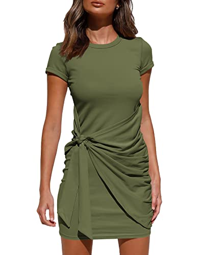 BTFBM Frauen 2023 Frühling Casual Kurzarm Rüscht Bodycon Tank T Shirt Kleid Tie Taille Sonne Strand Sommer Minikleider, Kurzarm Army Green, Klein von BTFBM