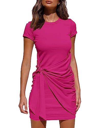 BTFBM Frauen 2023 Frühling Casual Kurzarm Rüscht Bodycon Tank T Shirt Kleid Tie Taille Sonne Strand Sommer Minikleider, Kurze Ärmel Rose Red, X-Groß von BTFBM