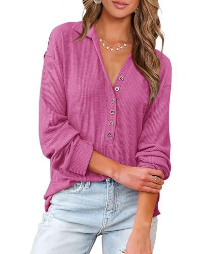 BTFBM Frauen Casual Button Down V-Ausschnitt Blusen Langarm Einfarbig Stehkragen Gestrickte Herbst Tops Niedliche Relaxed Fit Shirts, Rosa, Mittel von BTFBM