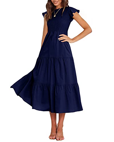 BTFBM Frauen Casual Kurzarm Rundhals Sommerkleid Bohemian Floral Gedruckt Flowy Maxi Kleider Gestuftes Cocktailkleid, Solid Navy, Mittel von BTFBM