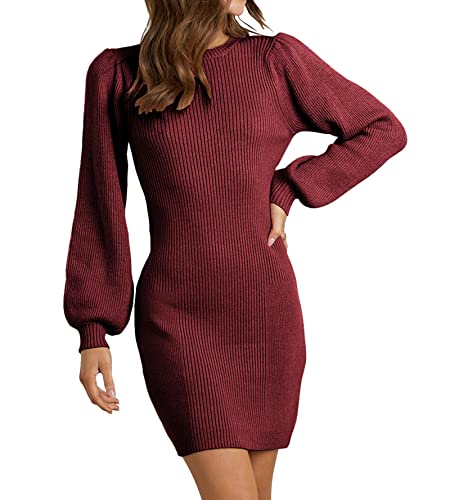 BTFBM Frauen Casual Langarm Bodycon Kurze Pullover Kleider Herbst 2023 Rundhalsausschnitt Dehnbar Strick Solide Lange Pullover Jumper, Weinrot, X-Groß von BTFBM