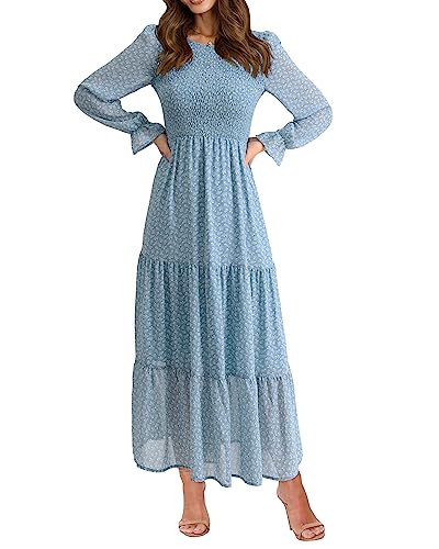 BTFBM Frauen Casual Langarm Rundhals Herbst Kleid Bohemian Relaxed Fit Floral Flowy Maxi Kleider Stufened Cocktailkleid, Blumenmuster in Blau und Weiß, Klein von BTFBM