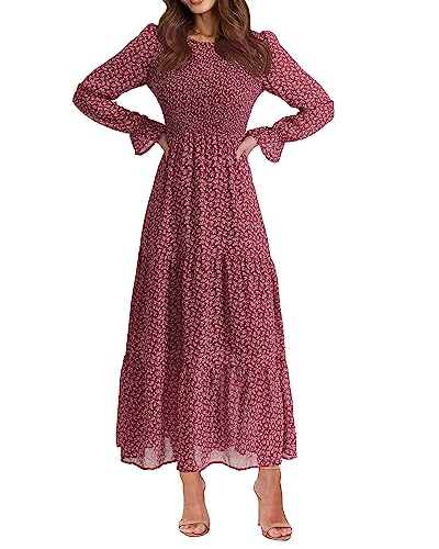 BTFBM Frauen Casual Langarm Rundhals Herbst Kleid Bohemian Relaxed Fit Floral Flowy Maxi Kleider Stufened Cocktailkleid, Blumenmuster in Rot und Weiß., Mittel BTFBM Frauen Casual Langarm Rundhals Herbst Kleid Bohemian Relaxed Fit Floral Flowy Maxi Kleider Stufened Cocktailkleid, Blumenmuster in Rot und Weiß., Mittel von BTFBM