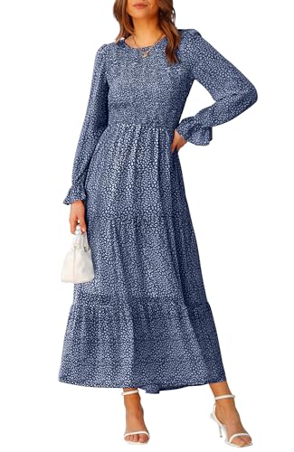 BTFBM Frauen Casual Langarm Rundhals Herbst Kleid Bohemian Relaxed Fit Floral Flowy Maxi Kleider Stufened Cocktailkleid, Dunkelblau, Mittel von BTFBM