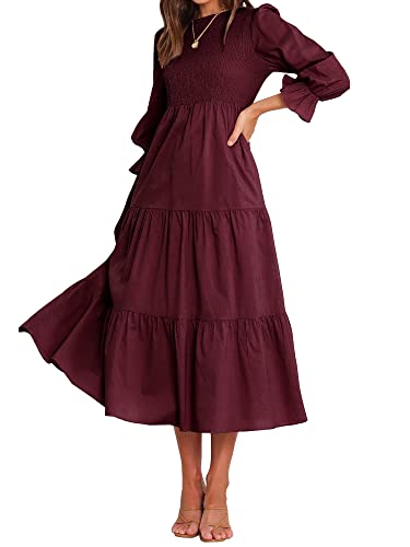 BTFBM Frauen Casual Langarm Rundhals Herbst Kleid Bohemian Relaxed Fit Floral Flowy Maxi Kleider Stufened Cocktailkleid, Weinrot, Klein von BTFBM