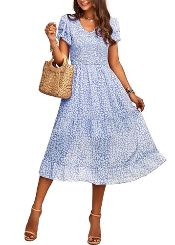 BTFBM Frauen Casual Sommer Kurze Rüschen Tiered Sleeve Gesmokte Midi Kleider Bohemian Floral V Ausschnitt Hochzeit Gast Lange Kleider, Blumenblau, Mittel von BTFBM