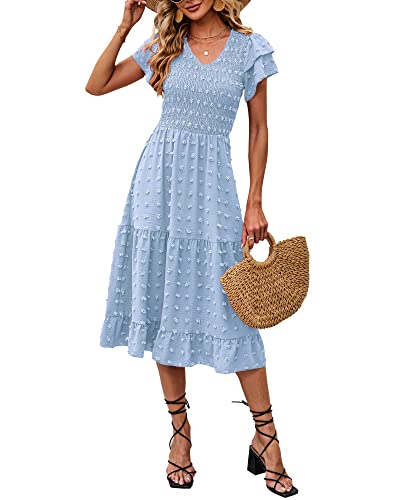 BTFBM Frauen Casual Sommer Kurze Rüschen Tiered Sleeve Gesmokte Midi Kleider Bohemian Floral V Ausschnitt Hochzeit Gast Lange Kleider, Solides Himmelblau, Klein von BTFBM