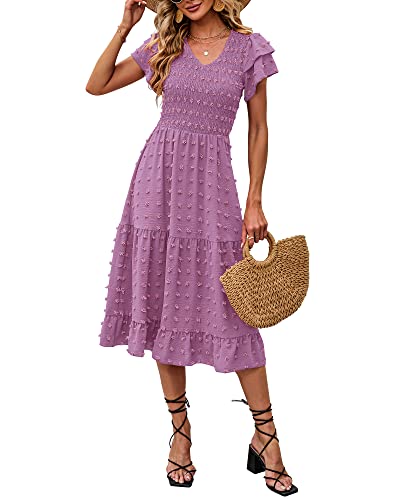 BTFBM Frauen Casual Sommer Kurze Rüschen Tiered Sleeve Gesmokte Midi Kleider Bohemian Floral V Ausschnitt Hochzeit Gast Lange Kleider, reines violett, Mittel von BTFBM