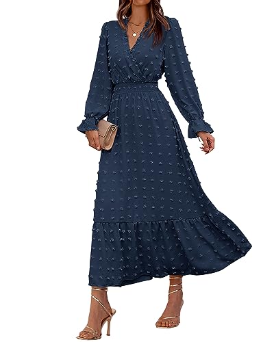 BTFBM Frauen Herbst Kleider 2023 Langarm V-Ausschnitt Schweizer Punkte Maxikleid Boho Langes Kleid Hohe Taille A-Linie Rüschen Kleid, Solid Navy, Mittel von BTFBM