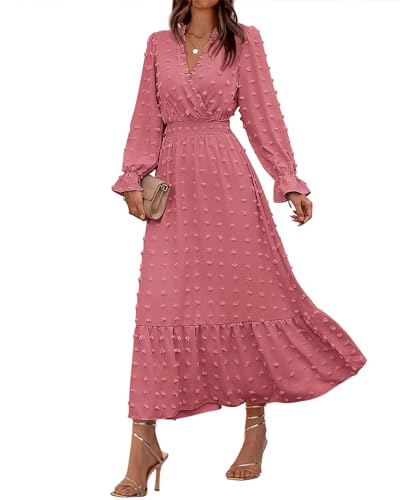 BTFBM Frauen Herbst Kleider 2023 Langarm V-Ausschnitt Schweizer Punkte Maxikleid Boho Langes Kleid Hohe Taille A-Linie Rüschen Kleid, Solid Pink, Groß von BTFBM