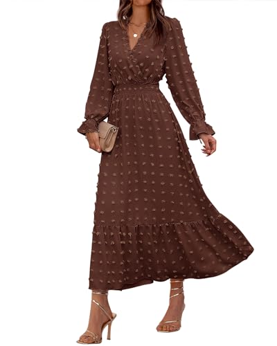 BTFBM Frauen Herbst Kleider 2023 Langarm V-Ausschnitt Schweizer Punkte Maxikleid Boho Langes Kleid Hohe Taille A-Linie Rüschen Kleid, Solider Kaffee, Mittel von BTFBM