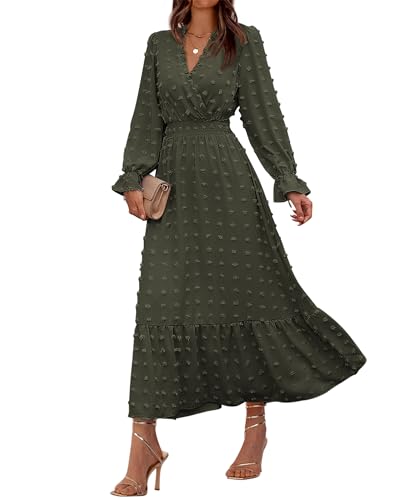 BTFBM Frauen Herbst Kleider 2023 Langarm V-Ausschnitt Schweizer Punkte Maxikleid Boho Langes Kleid Hohe Taille A-Linie Rüschen Kleid, Solides Armeegrün, Groß von BTFBM