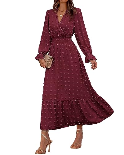 BTFBM Frauen Herbst Kleider 2023 Langarm V-Ausschnitt Schweizer Punkte Maxikleid Boho Langes Kleid Hohe Taille A-Linie Rüschen Kleid, Weinrot, Groß von BTFBM