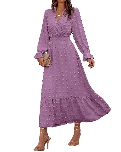 BTFBM Frauen Herbst Kleider 2023 Langarm V-Ausschnitt Schweizer Punkte Maxikleid Boho Langes Kleid Hohe Taille A-Linie Rüschen Kleid, reines violett, Groß von BTFBM