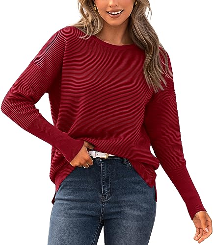 BTFBM Lässige Frauen 2023 Herbst Pullover Langarm Rippstrick Pullover Lose Rundhalsausschnitt Batwing Split Pullover, Dunkelrot, Mittel BTFBM Lässige Frauen 2023 Herbst Pullover Langarm Rippstrick Pullover Lose Rundhalsausschnitt Batwing Split Pullover, Dunkelrot, Mittel von BTFBM