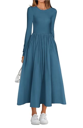 BTFBM Lässiges Langarmkleid, Frühlingskleider 2025, Hochzeitsgästekleid, Midi-Kleid, fließendes böhmisches langes Kleid, Seeblau, Klein von BTFBM