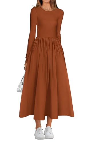 BTFBM Lässige Langarmkleider, Herbstkleider, einfarbig, Hochzeitsgästekleid, Midi-Kleid, fließendes böhmisches langes Kleid, Rostrot massiv, Klein von BTFBM