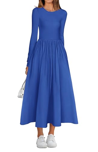 BTFBM Lässiges Langarmkleid, Frühlingskleider 2025, Hochzeitsgästekleid, Midi-Kleid, fließendes böhmisches langes Kleid, Blau, Mittel von BTFBM