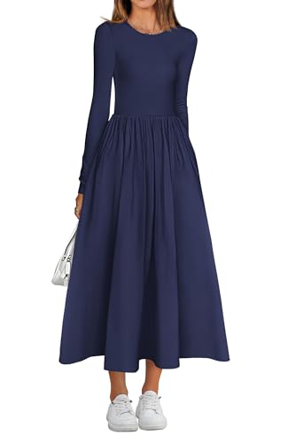 BTFBM Lässiges Langarmkleid, Frühlingskleider 2025, Hochzeitsgästekleid, Midi-Kleid, fließendes böhmisches langes Kleid, Marineblau, Groß von BTFBM