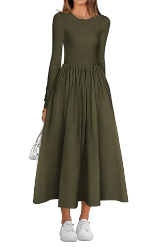BTFBM Lässiges Langarmkleid, Frühlingskleider 2025, Hochzeitsgästekleid, Midi-Kleid, fließendes böhmisches langes Kleid, Grün (Army Green), Mittel von BTFBM