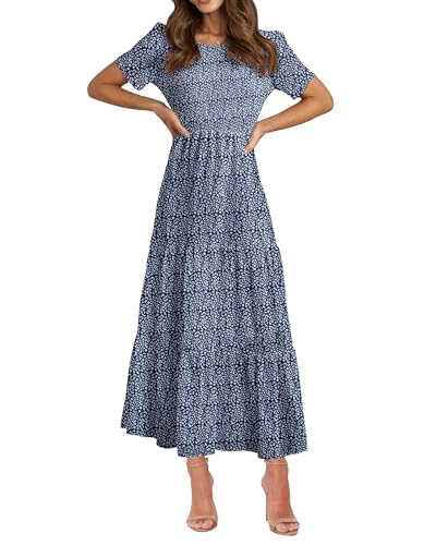 BTFBM Lässiges Damen-Sommerkleid, kurzärmelig, Rundhalsausschnitt, böhmisches Blumenmuster, fließendes Maxikleid, gestuftes Cocktailkleid, dunkelblau, Mittel von BTFBM