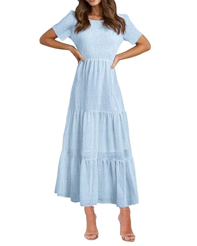 BTFBM Lässiges Damen-Sommerkleid, kurzärmelig, Rundhalsausschnitt, böhmisches Blumenmuster, fließendes Maxikleid, gestuftes Cocktailkleid, hellblau, Groß von BTFBM