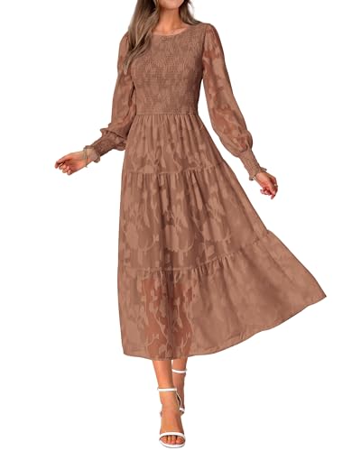 BTFBM Hochzeitskleider für Damen, Herbstmode 2025, lässig, langärmelig, Blumenmuster, Maxi-Boho-Kleid, Dunkles Apricot, Mittel von BTFBM