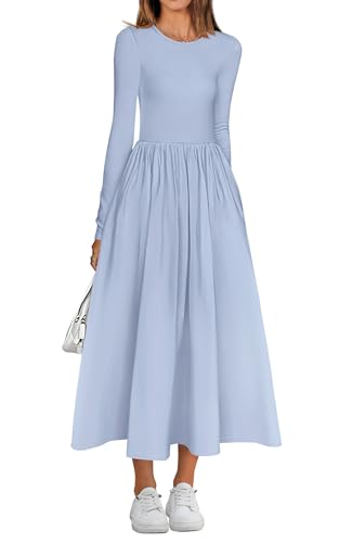 BTFBM Lässiges Langarmkleid, Frühlingskleider 2025, Hochzeitsgästekleid, Midi-Kleid, fließendes böhmisches langes Kleid, Hell, blau, Mittel von BTFBM