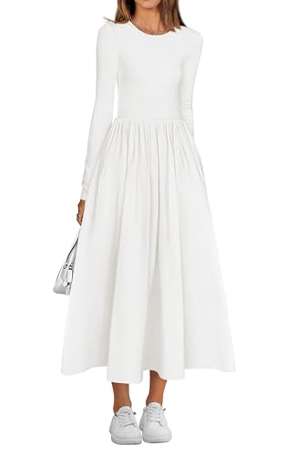 BTFBM Lässiges Langarmkleid, Frühlingskleider 2025, Hochzeitsgästekleid, Midi-Kleid, fließendes böhmisches langes Kleid, Weiss/opulenter Garten, Klein von BTFBM