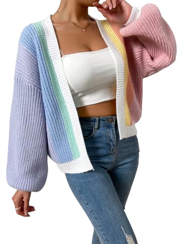 BTFONIA Damen-Cardigan mit Farbblock-Motiv, vorne offen, langärmlig, Gerippter Strickpullover(6#,L) von BTFONIA