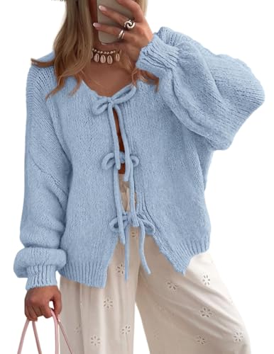 BTFONIA Damen-Cardigan mit Schleife vorne for Binden grob gestrickt Lange Puffärmel, Trendige Herbst-Winter-Jackenmäntel(Blue,M) von BTFONIA