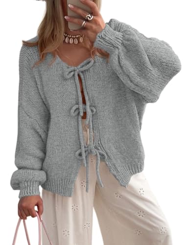 BTFONIA Damen-Cardigan mit Schleife vorne for Binden grob gestrickt Lange Puffärmel, Trendige Herbst-Winter-Jackenmäntel(Gray,L) von BTFONIA