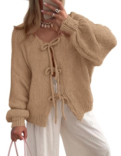 BTFONIA Damen-Cardigan mit Schleife vorne for Binden grob gestrickt Lange Puffärmel, Trendige Herbst-Winter-Jackenmäntel(Khaki,S) von BTFONIA
