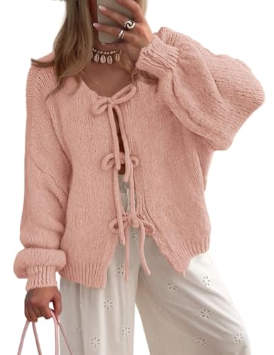 BTFONIA Damen-Cardigan mit Schleife vorne for Binden grob gestrickt Lange Puffärmel, Trendige Herbst-Winter-Jackenmäntel(Pink,M) von BTFONIA