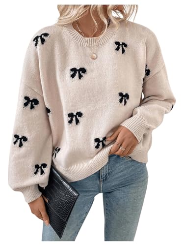BTFONIA Damen-Pullover mit Schleifenmuster, Rundhalsausschnitt, Lange Ärmel, tief angesetzte Schulter, Strickpullover(S) von BTFONIA