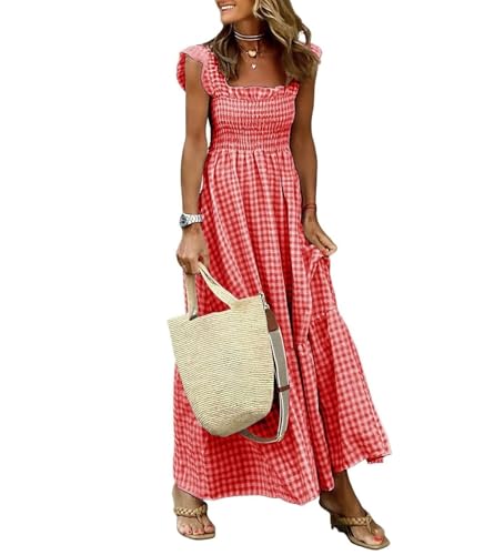 BTFONIA Damen Retro Plaid Smocked Kleid Spaghettiträger Volant Langes Kleid(Red,L) von BTFONIA