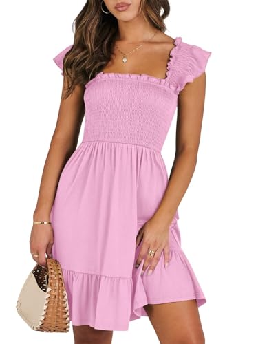BTFONIA Damen Sommer Casual Ärmellos Quadratischer Hals Gesmokt Rüschen Rückenfrei Boho Minikleid 2024 Trendy Kurzes Sommerkleid(5#,XL) von BTFONIA