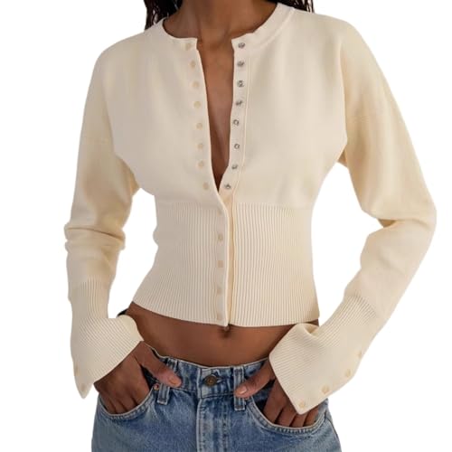 Kurze Damen-Pullover, Knopfleiste, Lange Ärmel, V-Ausschnitt, Gerippter Strick, Slim-Fit-Pullover, bauchfreie Tops(Apricot,M) von BTFONIA