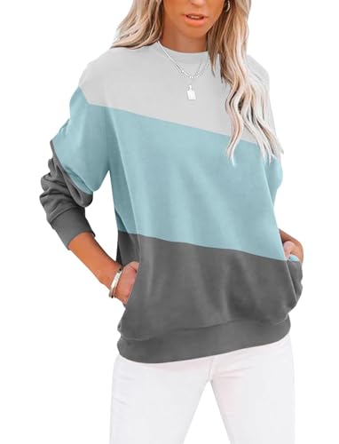 BTFONIA Lässiges Langarm-Oberteil mit Farbblock-/Unifarben-Muster for Damen, Rundhals-Sweatshirt, süßer Pullover mit lockerer Passform und Taschen(12#,3XL) von BTFONIA