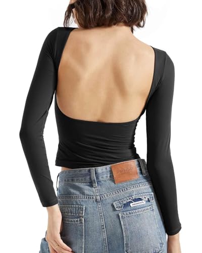 BTFONIA Rückenfreies Ausgeh-Oberteil for Damen, doppelt gefüttert, offener Rücken, Basic-Langarm(Black,XL) von BTFONIA