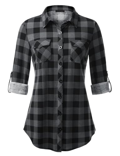 BTFONIA Weiche, Dehnbare Strickblusen für Damen mit Karomuster, Rollkragen, Button-Down-Blusen mit Langen Ärmeln(2#,M) von BTFONIA