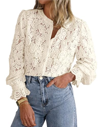 Damen Elegante Casual Spitzenbluse Langarm Button Up Shirts Tops Herbst Mode Kleidung(Beige,S) von BTFONIA