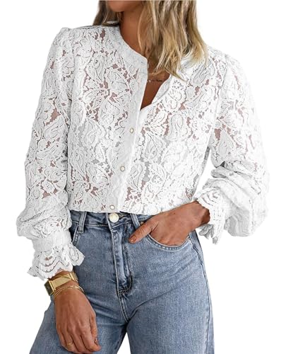 Damen Elegante Casual Spitzenbluse Langarm Button Up Shirts Tops Herbst Mode Kleidung(White,XL) von BTFONIA