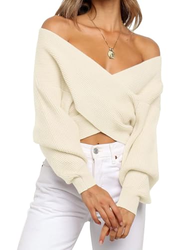 Damen-Wickelpullover mit V-Ausschnitt, Kurze Pullover, Herbst, Lange Ärmel, Kreuz vorne, schulterfrei, solide Strickpullover(White,L) von BTFONIA